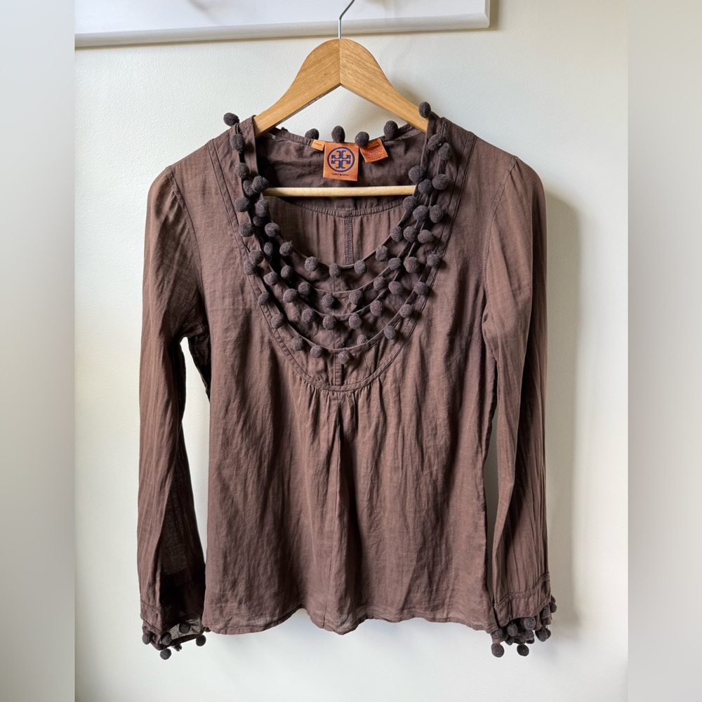 TORY BURCH Bobble‎ Top Cotton Chocolate Brown Designer Lightweight Feminine 4